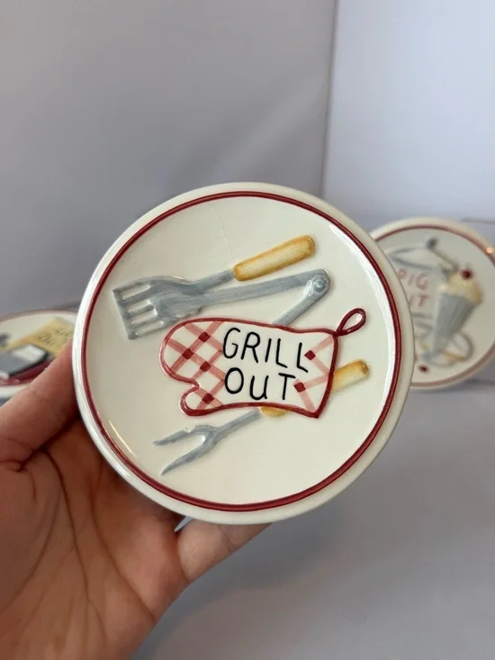 3 Pc MWW Market 4.5" Mini Plate Set Grill/ Pig/Go Out/Take Out -Farmhouse Picnic - Picture 9 of 16